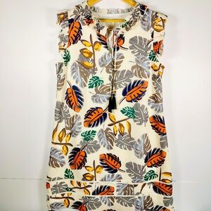 Coastal Tropical Leaf dress ruffle v-neck tassel vacation boho white yellow